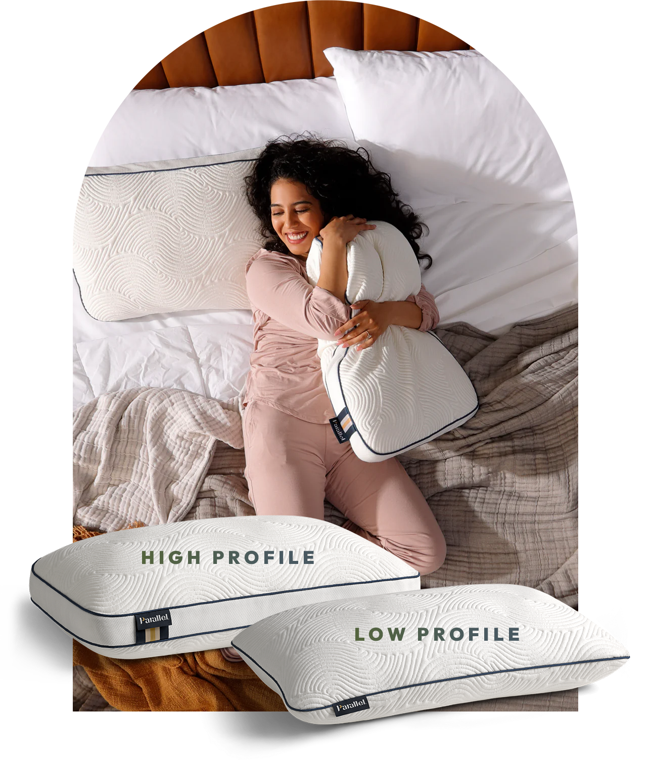 Woman hugging soft Parallel Pillow in bed, High Profile and Low Profile
