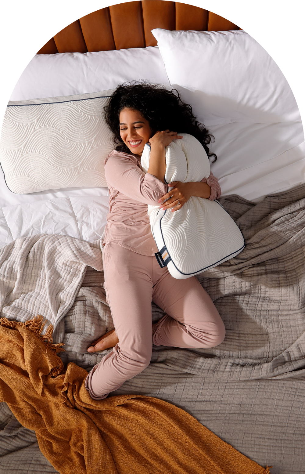 Woman hugging soft Parallel Pillow in bed