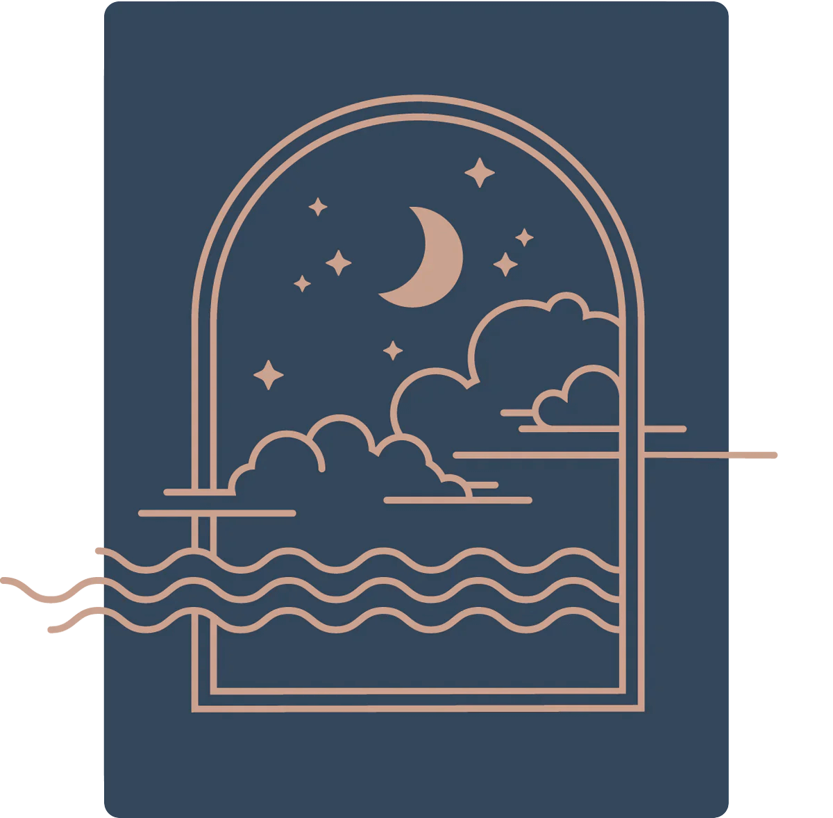 Cute illustration looking out window at night sky, moon and stars